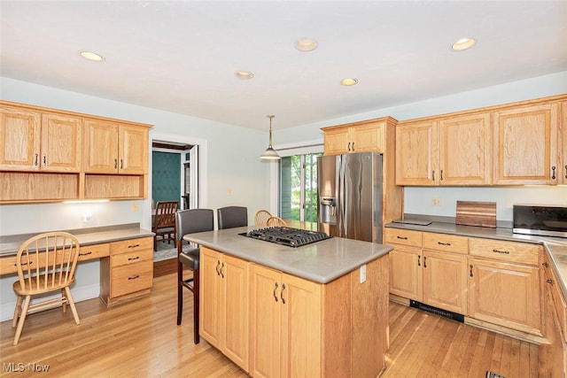 1539 Compton Rd, Cleveland Heights, OH 44118 - kitchen with stainless steel appliances, light brown cabinets, light wood-type flooring, built in desk, and recessed lighting