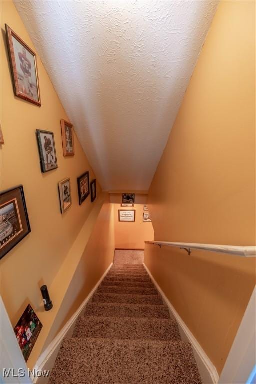 785 Cambridge Ct, Kent, OH 44240 - stairway with vaulted ceiling, carpet, and a textured ceiling