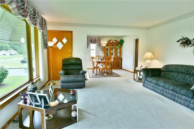 3787 Helsey Fusselman Rd, Southington, OH 44470 - carpeted living room featuring a chandelier and baseboards