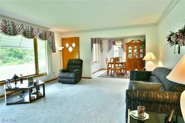 3787 Helsey Fusselman Rd, Southington, OH 44470 - carpeted living room featuring baseboards and a chandelier