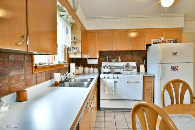 3787 Helsey Fusselman Rd, Southington, OH 44470 - kitchen with white appliances, light countertops, open shelves, light tile patterned flooring, and wallpapered walls
