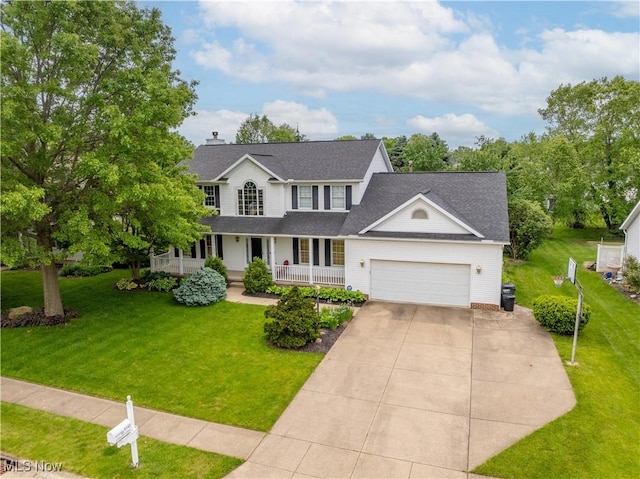 3342 Ramsgate St NW, North Canton, OH 44720 - view of front of house with covered porch, concrete driveway, an attached garage, a front lawn, and roof with shingles