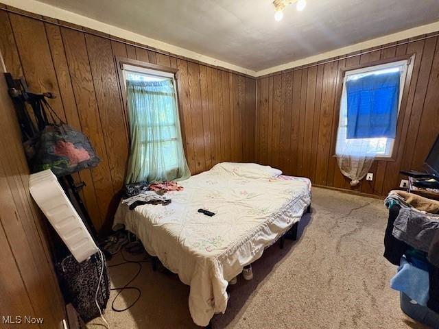 19510 Gardenview Dr, Maple Heights, OH 44137 - bedroom featuring wood walls and carpet flooring