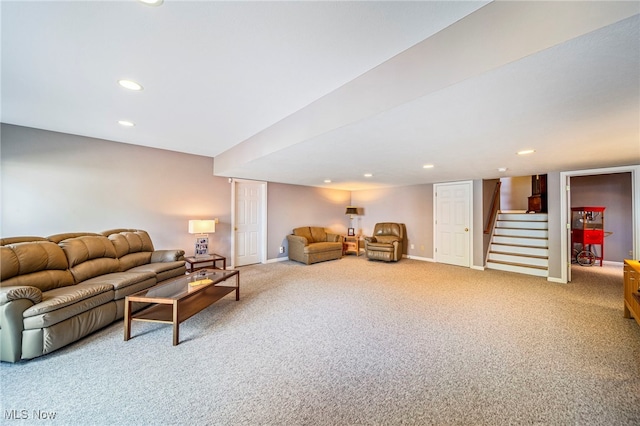 11275 Beechnut Ln, Chardon, OH 44024 - carpeted living room featuring stairway and recessed lighting