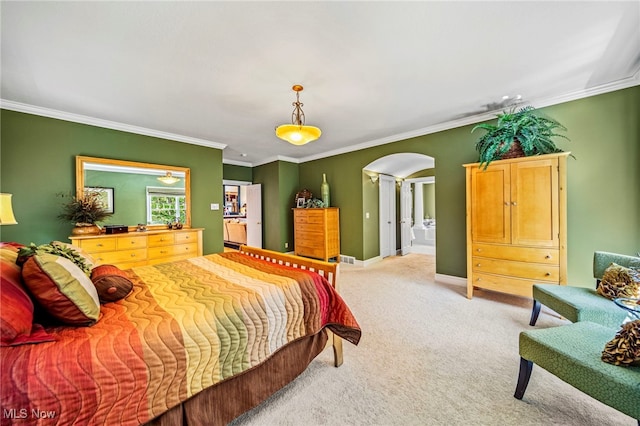 11275 Beechnut Ln, Chardon, OH 44024 - bedroom featuring arched walkways, light carpet, and ornamental molding