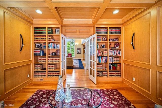 11275 Beechnut Ln, Chardon, OH 44024 - office featuring crown molding, french doors, coffered ceiling, wood finished floors, and a wood ceiling with exposed beams