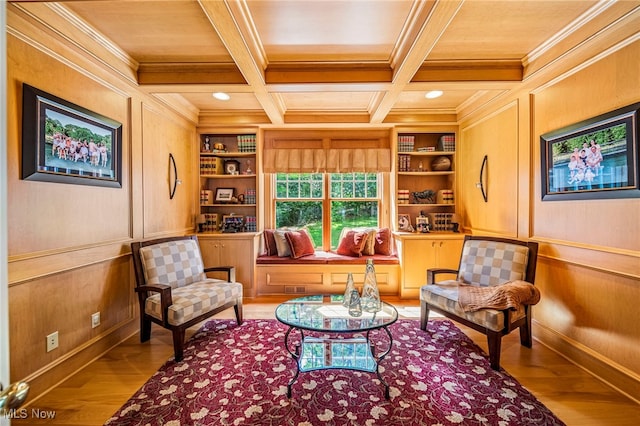 11275 Beechnut Ln, Chardon, OH 44024 - sitting room featuring ornamental molding, built in features, wood finished floors, coffered ceiling, and recessed lighting