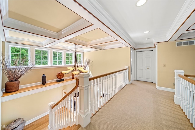 11275 Beechnut Ln, Chardon, OH 44024 - hall with an upstairs landing, crown molding, recessed lighting, coffered ceiling, and beamed ceiling