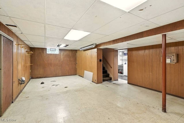 3692 Orchard St, Mogadore, OH 44260 - basement with light flooring, wood walls, stairway, and a paneled ceiling