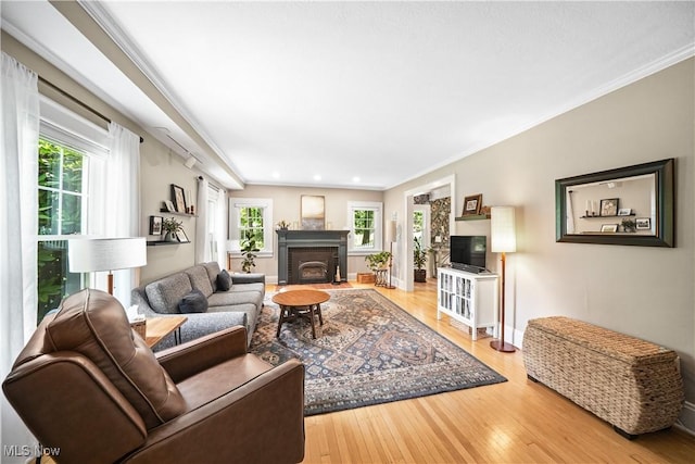 6735 Wakefield Rd, Hiram, OH 44234 - living area featuring wood-type flooring, a fireplace with flush hearth, and recessed lighting