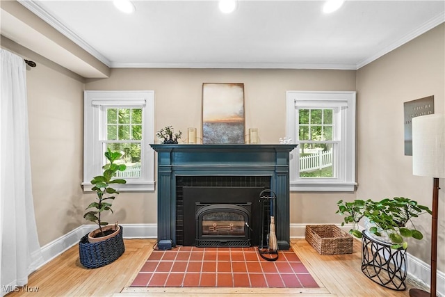 6735 Wakefield Rd, Hiram, OH 44234 - detailed view of a fireplace with flush hearth, crown molding, wood finished floors, and recessed lighting