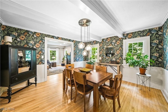 6735 Wakefield Rd, Hiram, OH 44234 - dining area with wallpapered walls, light wood-style flooring, crown molding, beam ceiling, and a wainscoted wall