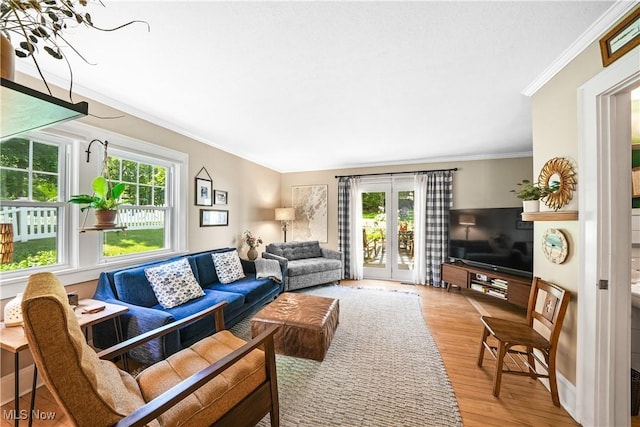 6735 Wakefield Rd, Hiram, OH 44234 - living area with ornamental molding, wood finished floors, and french doors