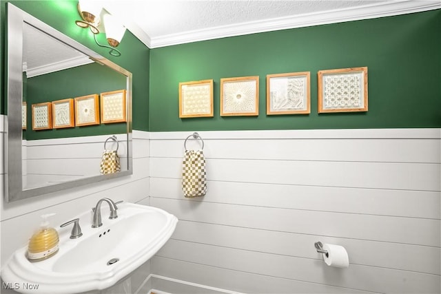 6735 Wakefield Rd, Hiram, OH 44234 - bathroom featuring ornamental molding, wainscoting, and a textured ceiling