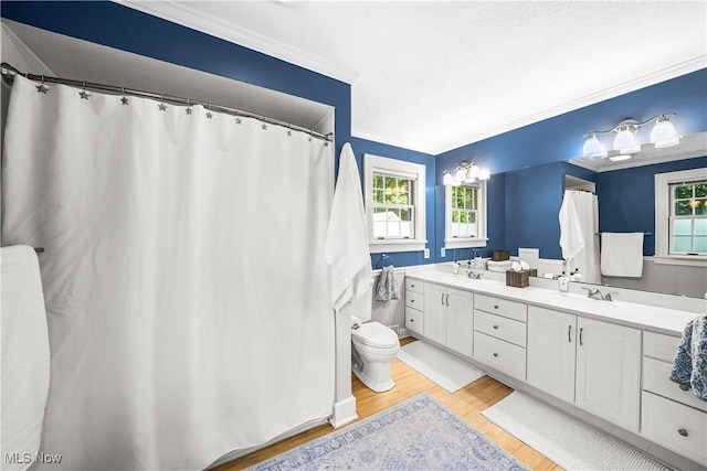 6735 Wakefield Rd, Hiram, OH 44234 - full bath featuring wood finished floors, ornamental molding, double vanity, and a shower with curtain