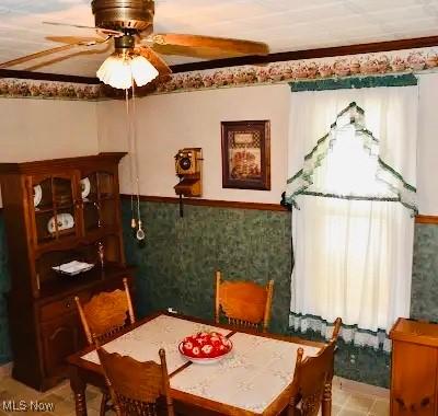 134 E Summit St, Alliance, OH 44601 - dining area with a wainscoted wall and a ceiling fan
