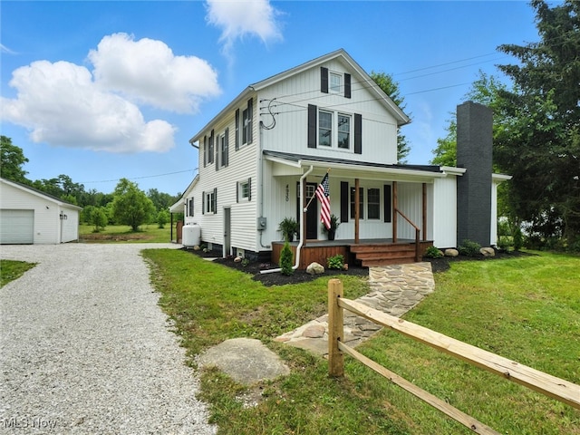 4930 S Ridge Rd W, Ashtabula, OH 44004 - view of front of house featuring covered porch, gravel driveway, a front yard, an outbuilding, and a chimney