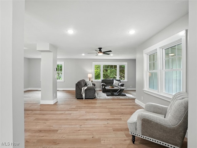 4930 S Ridge Rd W, Ashtabula, OH 44004 - living area with recessed lighting, ceiling fan, plenty of natural light, and light wood-style floors