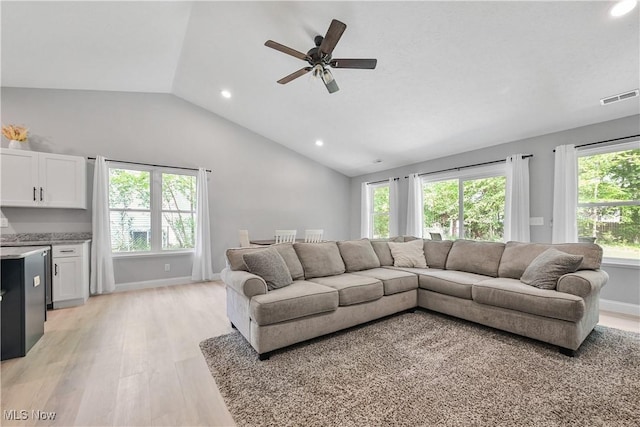 4933 Lear Nagle Rd, North Ridgeville, OH 44039 - living room featuring lofted ceiling, light wood-type flooring, recessed lighting, and a ceiling fan