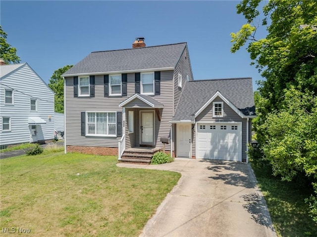 4959 Anderson Rd, Lyndhurst, OH 44124 - colonial inspired home with concrete driveway, an attached garage, a chimney, a front yard, and a shingled roof