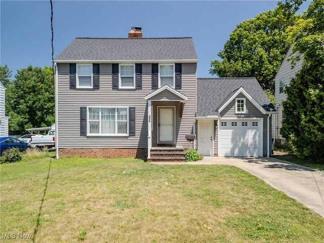 4959 Anderson Rd, Lyndhurst, OH 44124 - colonial home featuring concrete driveway, a front yard, an attached garage, a chimney, and roof with shingles