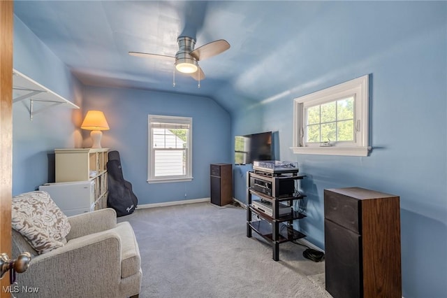 4959 Anderson Rd, Lyndhurst, OH 44124 - office area featuring ceiling fan, carpet floors, and vaulted ceiling