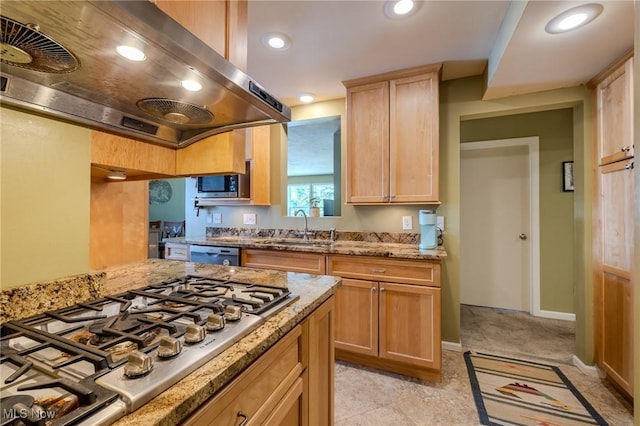 4959 Anderson Rd, Lyndhurst, OH 44124 - kitchen featuring extractor fan, stainless steel appliances, light stone countertops, light brown cabinets, and recessed lighting
