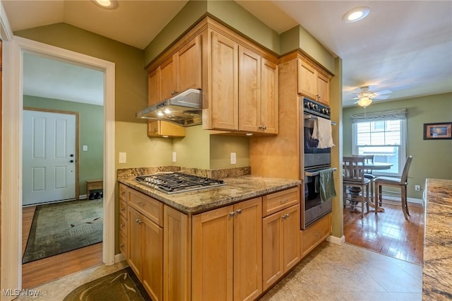 4959 Anderson Rd, Lyndhurst, OH 44124 - kitchen with stainless steel appliances, under cabinet range hood, light stone countertops, recessed lighting, and a ceiling fan