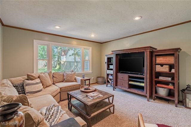 2383 Saybrook Rd, University Heights, OH 44118 - living room featuring light carpet, crown molding, and a textured ceiling