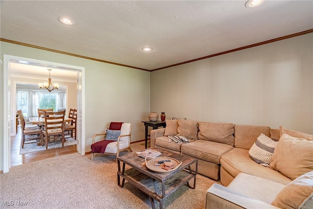 2383 Saybrook Rd, University Heights, OH 44118 - living area featuring ornamental molding, a chandelier, recessed lighting, and light colored carpet