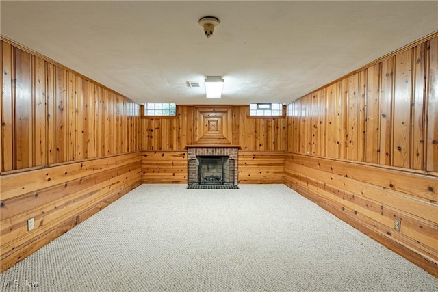 2383 Saybrook Rd, University Heights, OH 44118 - below grade area with wooden walls, a fireplace, carpet floors, and plenty of natural light