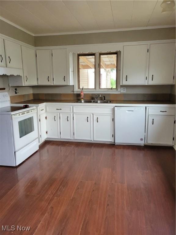 217 E 4th St, Warsaw, OH 43844 - kitchen with white appliances, crown molding, white cabinetry, dark wood finished floors, and ventilation hood