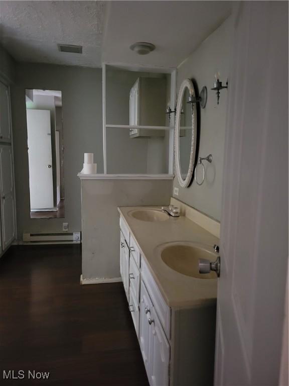 217 E 4th St, Warsaw, OH 43844 - bathroom with a baseboard radiator, double vanity, and wood finished floors