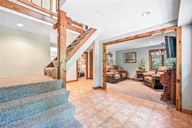 1173 Ridge Rd, Salem, OH 44460 - staircase featuring carpet, recessed lighting, and tile patterned floors