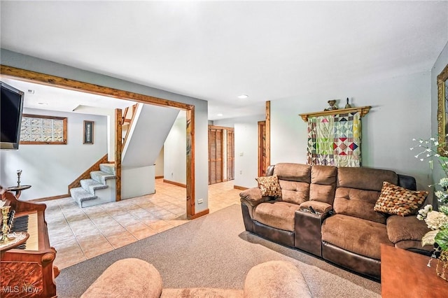 1173 Ridge Rd, Salem, OH 44460 - tiled living room featuring stairs, recessed lighting, and carpet flooring