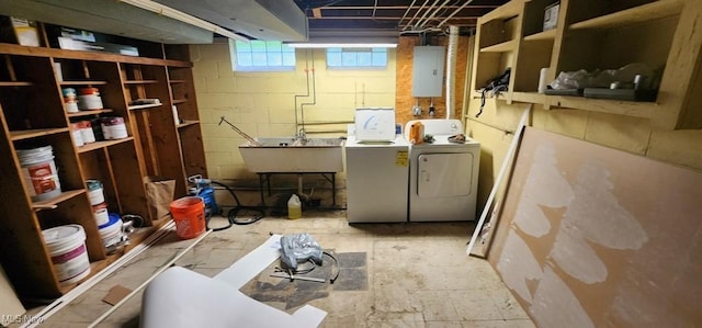 963 Chelston Rd, South Euclid, OH 44121 - below grade area with electric panel, washer and dryer, and concrete block wall