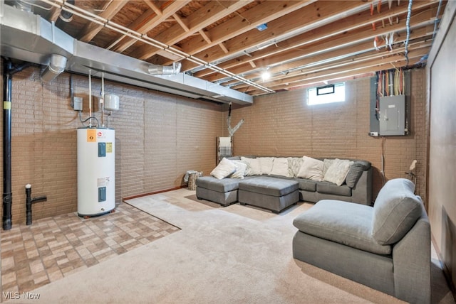 1383 Easton Way, Brunswick, OH 44212 - carpeted living area featuring water heater, electric panel, and brick wall