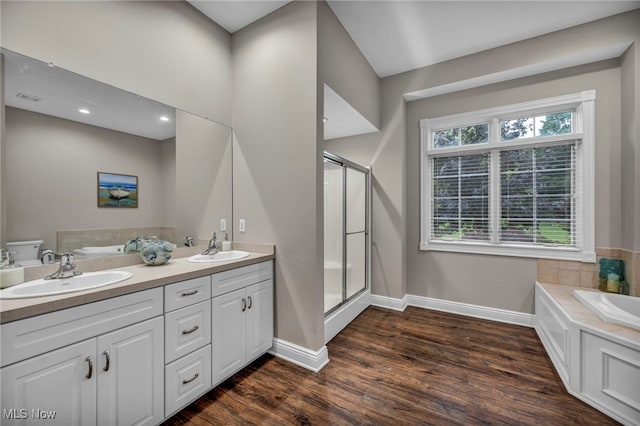 7955 Forest Valley Ln, Concord, OH 44077 - full bath featuring a garden tub, wood finished floors, a shower stall, and double vanity