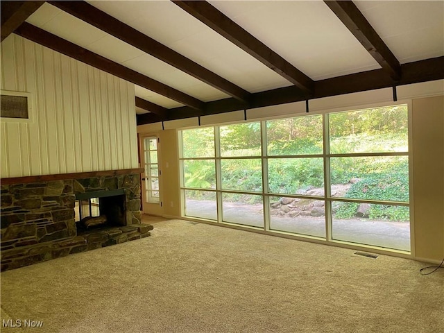 17079 Cats Den Rd, Chagrin Falls, OH 44023 - unfurnished living room featuring carpet and a fireplace
