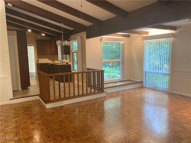17079 Cats Den Rd, Chagrin Falls, OH 44023 - kitchen with beamed ceiling, a chandelier, and pendant lighting