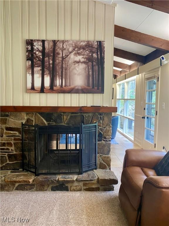 17079 Cats Den Rd, Chagrin Falls, OH 44023 - detailed view of a fireplace, beamed ceiling, and carpet