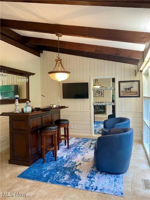 17079 Cats Den Rd, Chagrin Falls, OH 44023 - living area with a bar, tile patterned floors, and wooden walls