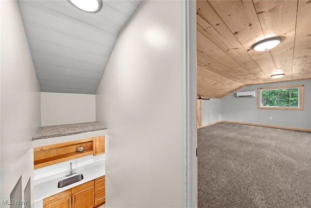 3695 S Hametown Rd, Norton, OH 44203 - additional living space with vaulted ceiling, wood ceiling, a wall unit AC, and carpet