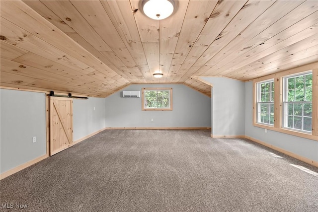 3695 S Hametown Rd, Norton, OH 44203 - additional living space featuring an AC wall unit, wood ceiling, carpet floors, a barn door, and vaulted ceiling