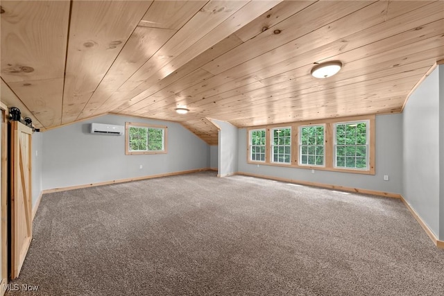 3695 S Hametown Rd, Norton, OH 44203 - additional living space featuring wood ceiling, carpet, vaulted ceiling, an AC wall unit, and a barn door