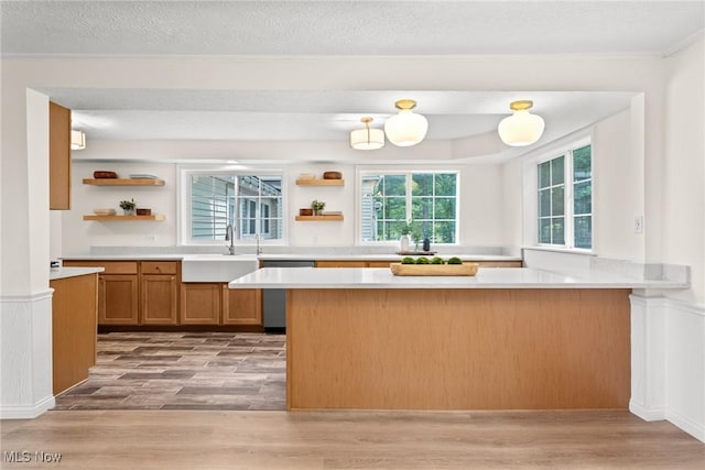3695 S Hametown Rd, Norton, OH 44203 - kitchen with open shelves, stainless steel dishwasher, light wood-style flooring, a peninsula, and ornamental molding