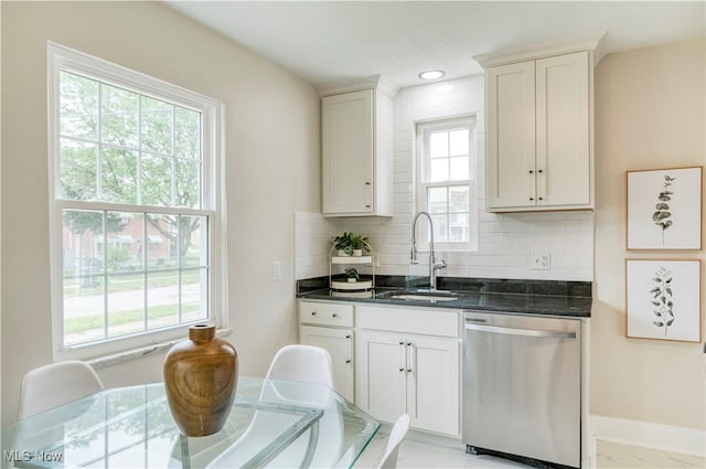 22100 Priday Ave, Euclid, OH 44123 - kitchen featuring dishwasher, decorative backsplash, and dark stone countertops