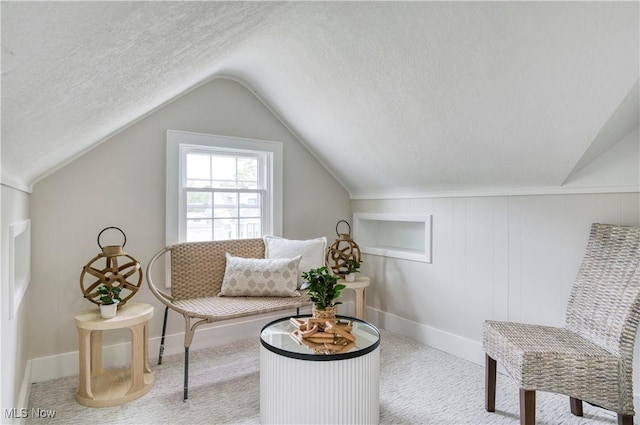 22100 Priday Ave, Euclid, OH 44123 - sitting room with vaulted ceiling, carpet, and a textured ceiling