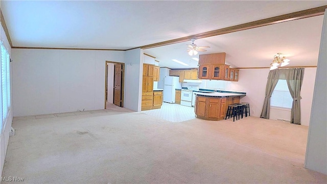 226 Troy Oaks Dr, Hiram, OH 44234 - kitchen with white appliances, ceiling fan, glass insert cabinets, brown cabinets, and light colored carpet