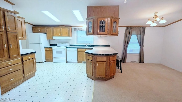226 Troy Oaks Dr, Hiram, OH 44234 - kitchen featuring white appliances, glass insert cabinets, light carpet, a kitchen breakfast bar, and a skylight